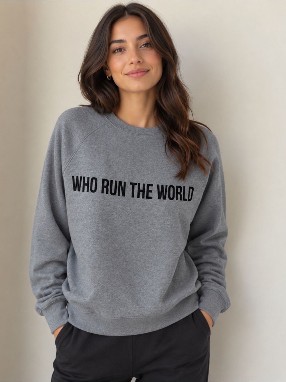 🇨🇦 BRUNETTE THE LABEL “Who Run the World” Crewneck Cozy Gray Clean Girl Size S/M